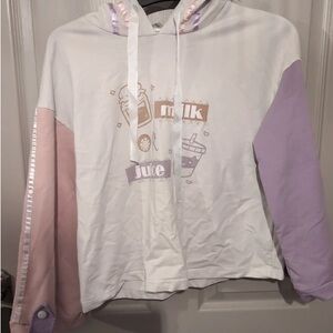 Kids White Hoodie with Pink & Lavender Sleeves - Milk & Juice Graphic